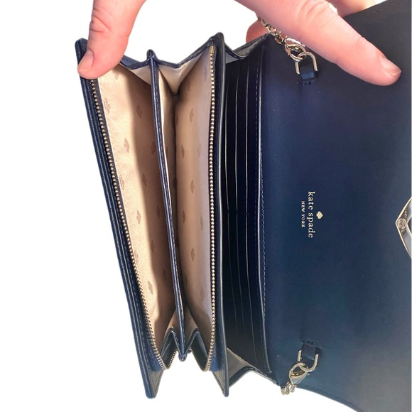 NEW* Kate Spade Robyn Straw HandBag Nightcap Flap Chain Wallet Clutch Navy Logo - Picture 6 of 15